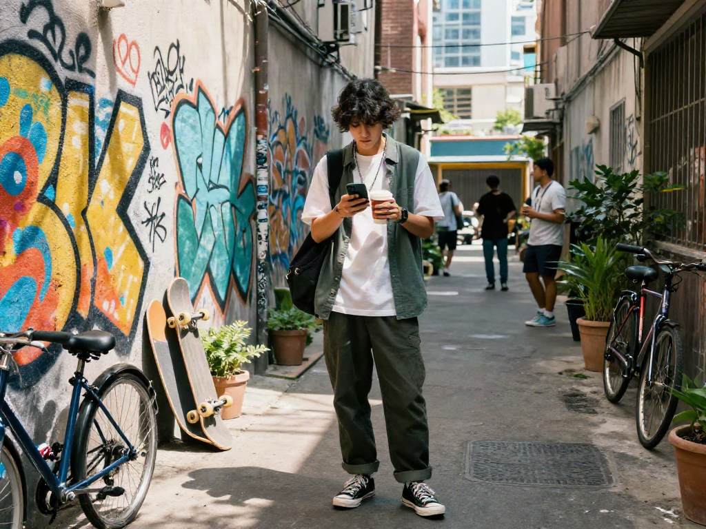 Stylish individual showcasing urban lifestyle, engaging with ai slut in trendy streetwear amid vibrant graffiti backdrop.