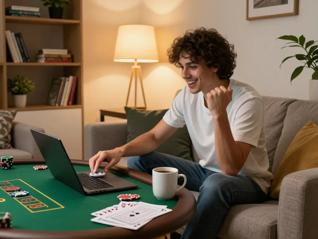 Engaging online poker gameplay at SHBET .COM with cozy home atmosphere featuring laptop and strategy notes.