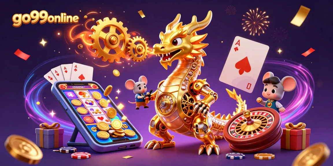 Experience the excitement of go99online with an engaging golden dragon amidst slot game elements.