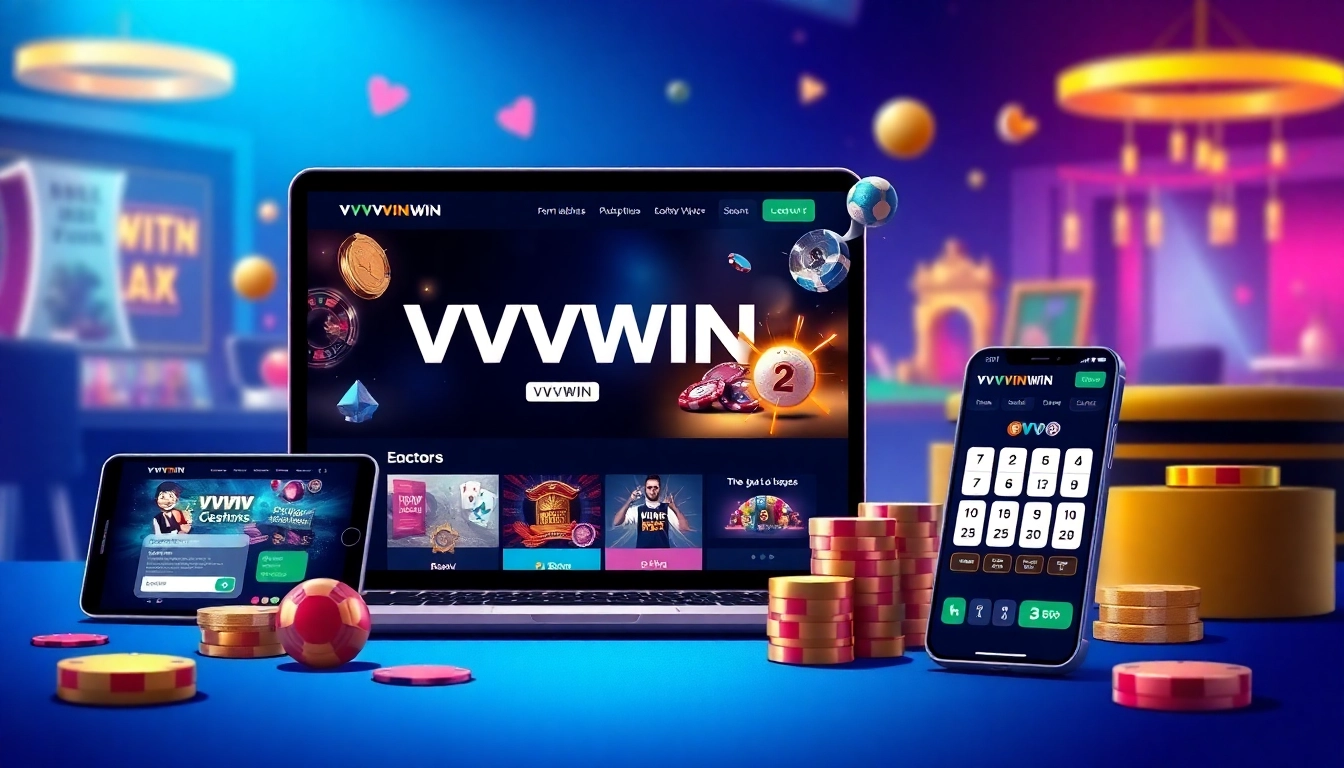 Engaging VVVWIN online gambling scene showcasing mobile app and casino games.