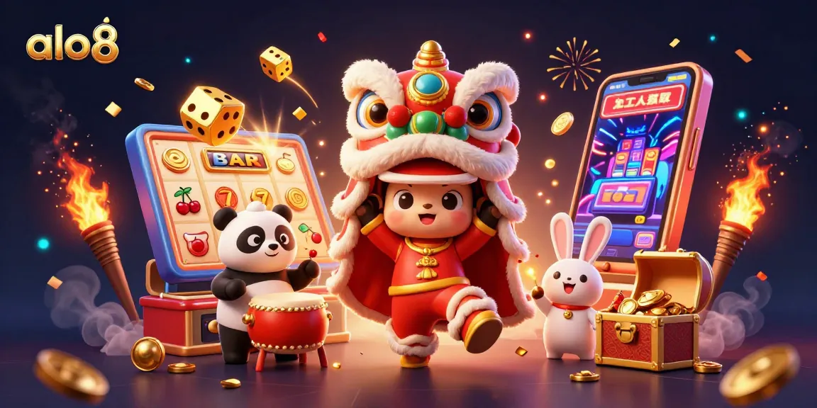 Experience thrilling gameplay at alo8 with vibrant casino elements and festive characters.