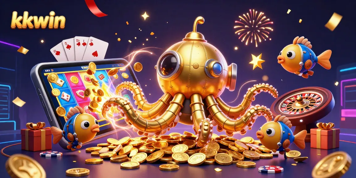 Experience thrilling slots and casino games at kkwin with captivating golden creatures amidst dazzling coins.