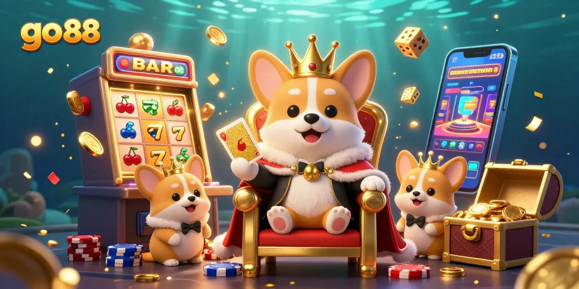 Celebrate wins at go 88 with a vibrant 3D illustration of royal corgi, cat butler, and lucky symbols
