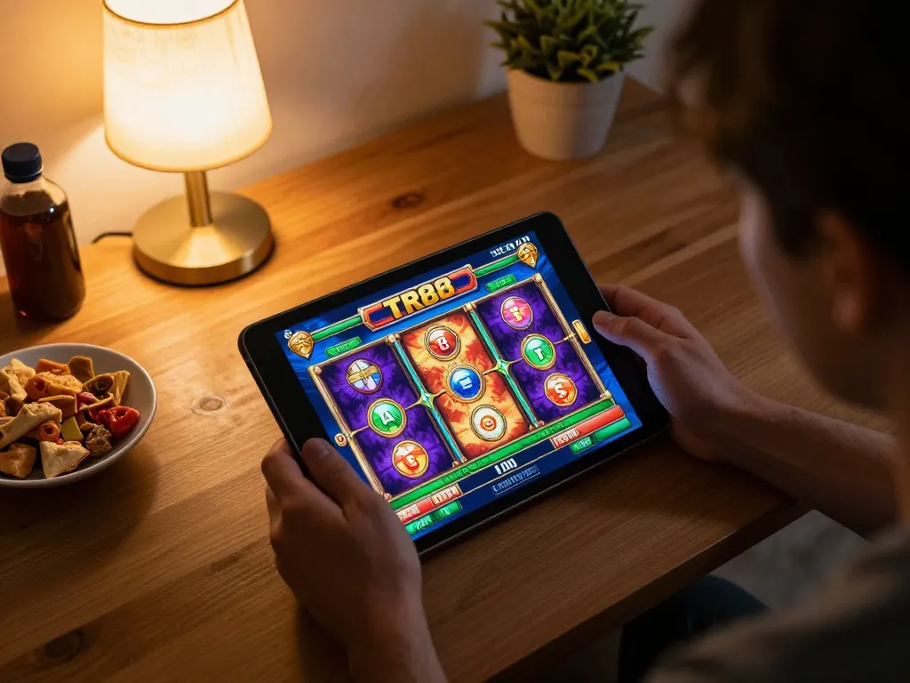 Player enjoying TR88 slot games on tablet with engaging interface and cozy ambiance