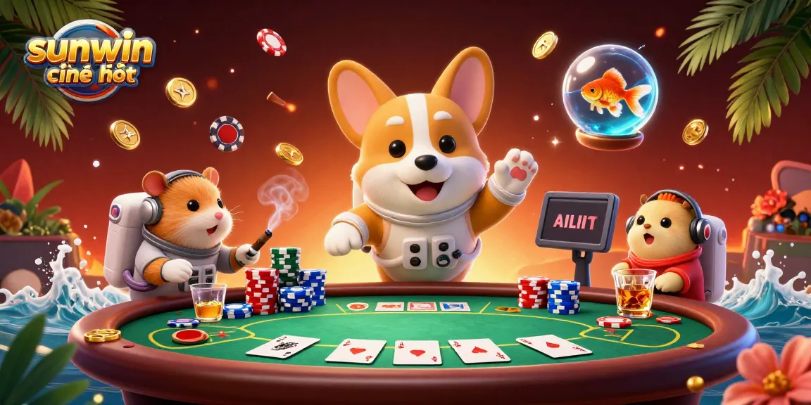 Play with intense excitement at sunwin chính thức casino with floating corgi and colorful poker elements.