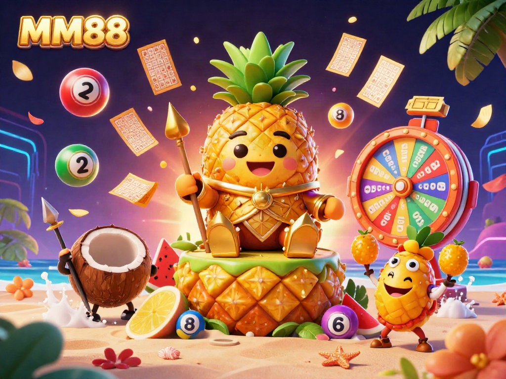 Win with MM88 as the golden pineapple king reigns in a vibrant casino world.