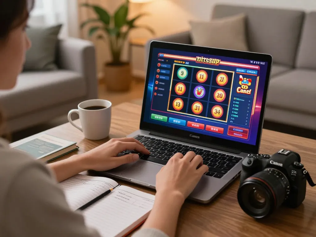 Player engaging with NK88 online slots game, cozy home atmosphere promoting responsible gambling