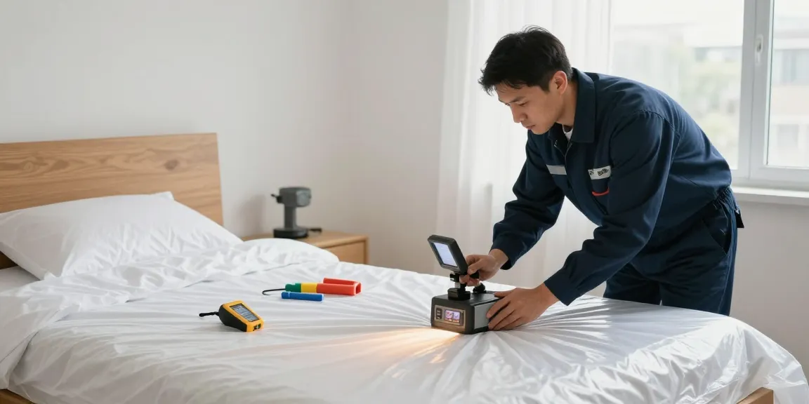 Professional performing bed bug heat treatment in a bright bedroom for effective pest control.