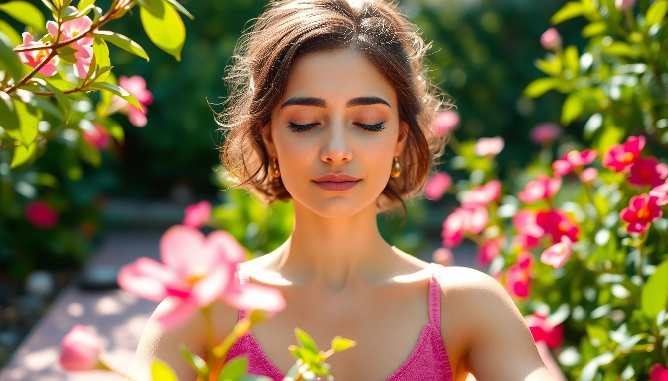 A woman meditating in a peaceful garden, promoting mental wellness through mindfulness.