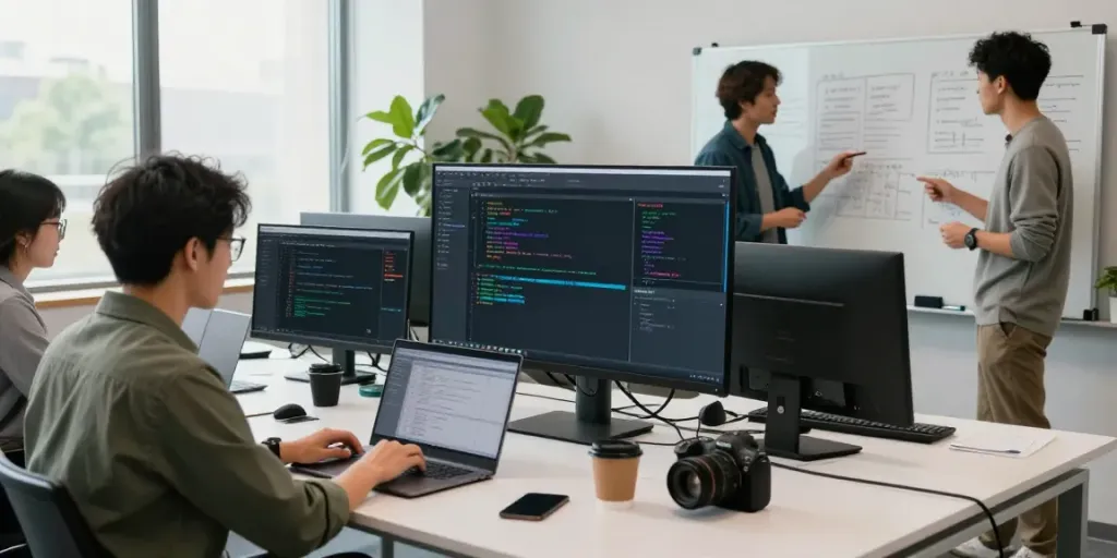 Team collaborating on instant indexing solutions in a modern tech office.