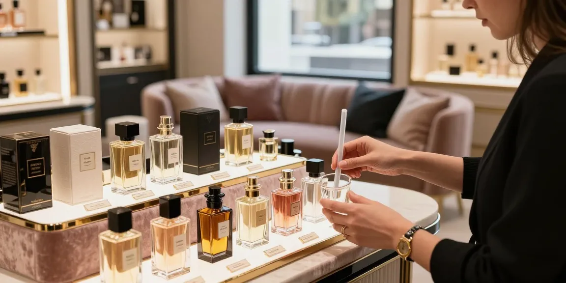 Showcase of long-lasting perfumes in a luxurious boutique setting with elegant packaging and warm ambient lighting.
