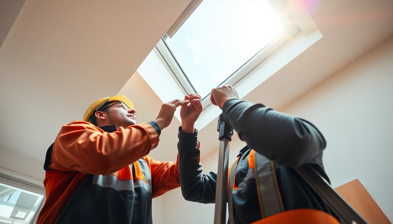 Expert technician conducting Velux repairs on a skylight in a bright, modern interior.