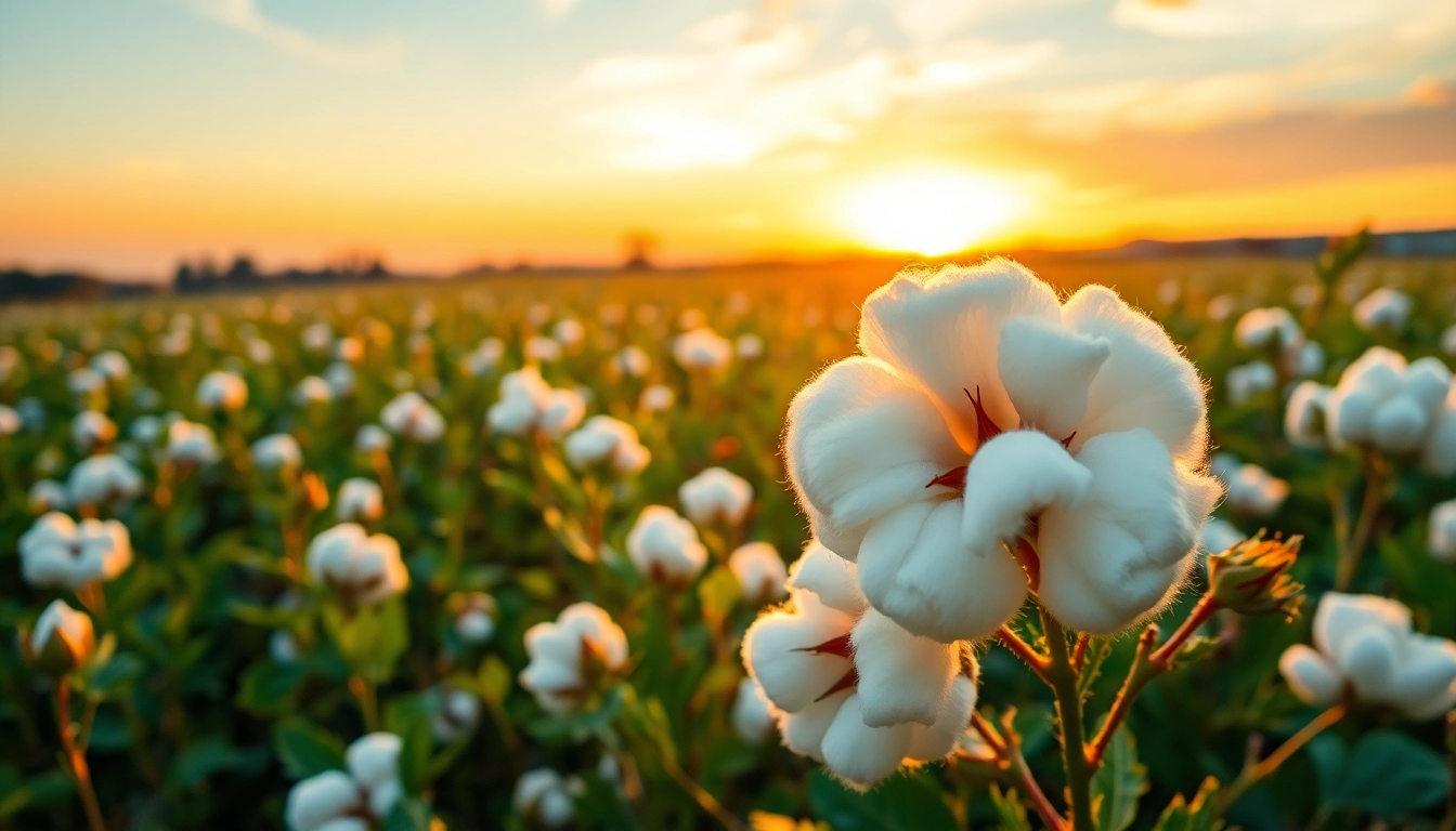 Katoenplanten in volle bloei bij zonsondergang, met prachtige texturen en kleuren.