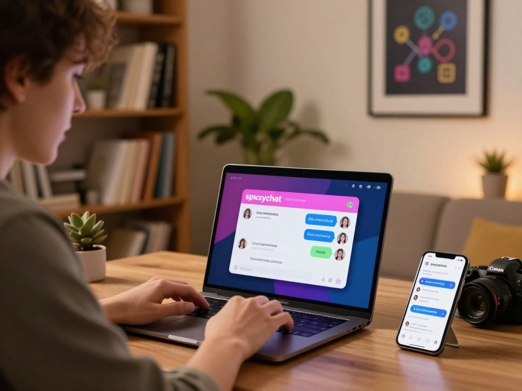 User enjoying a conversation on spicychat in a cozy home office, showcasing a lively chat interface.