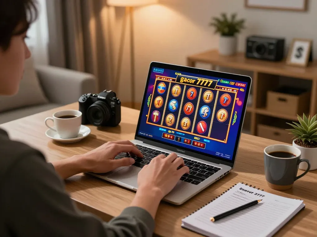 Player enjoying slot gacor 777 on a laptop in a cozy home office.