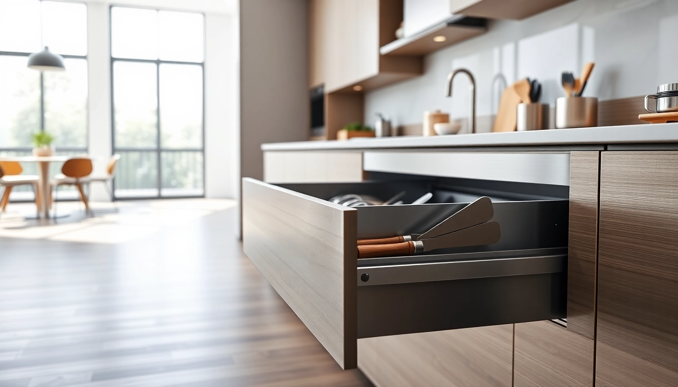 Efficient organization with a metal drawer system enabling easy access to kitchen tools and utensils.