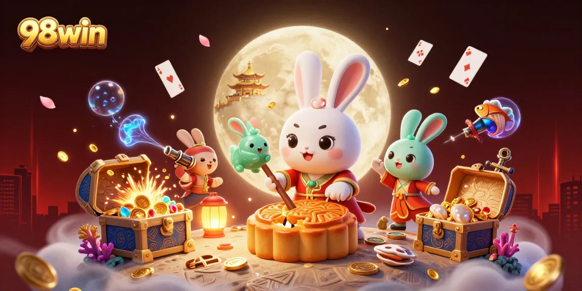 Experience winning at 98win with a vibrant 3D casino scene filled with unique gaming elements.
