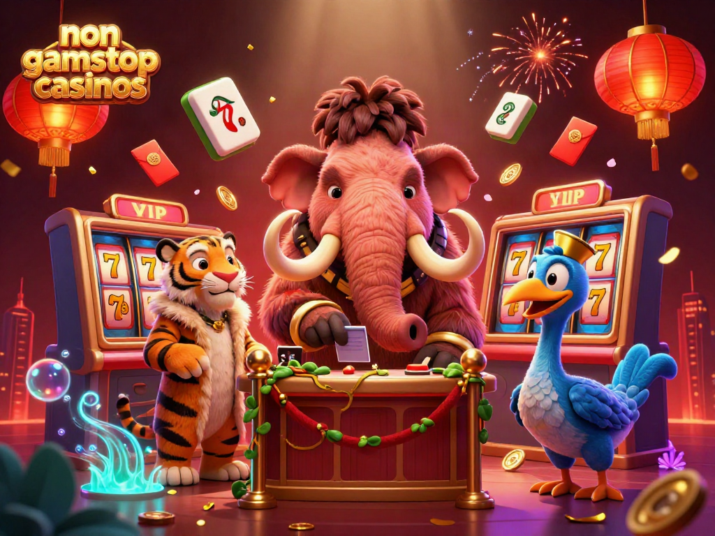 Engage with non gamstop casinos through the vibrant 3D casino scene featuring colorful characters.