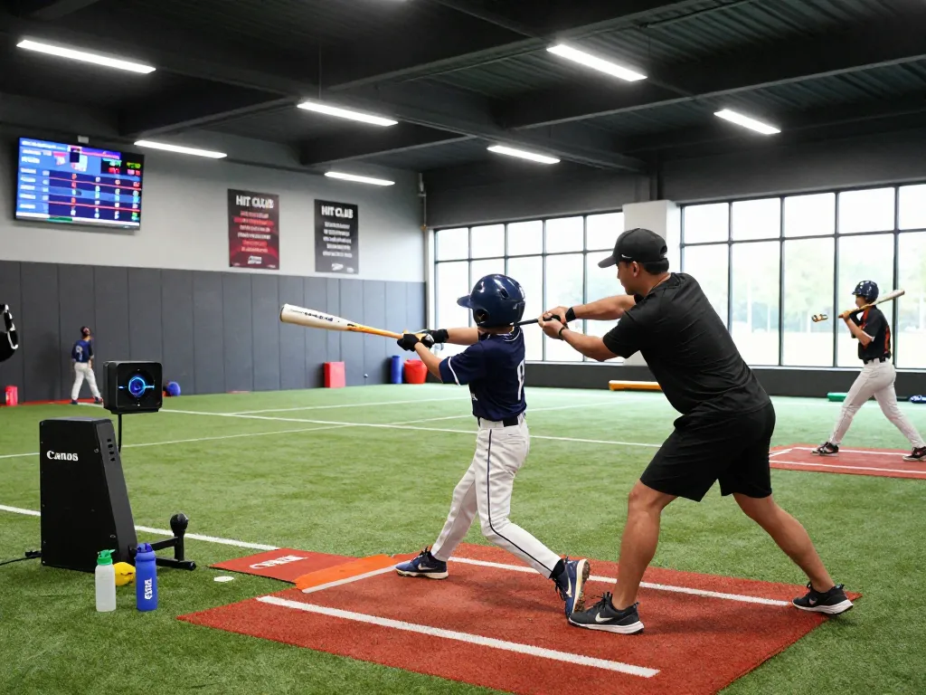 Young athlete training at Hit Club indoor baseball facility, showcasing practice and skill development.