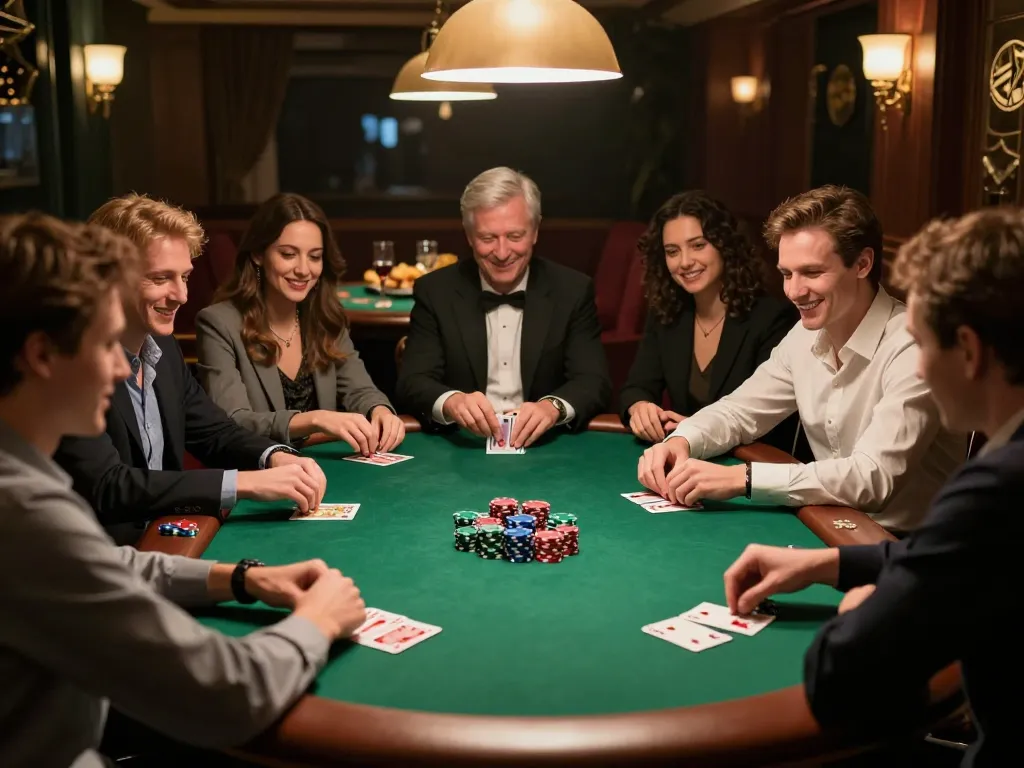 CM88 poker night featuring players engaged in lively strategy, showcasing excitement and social interaction.