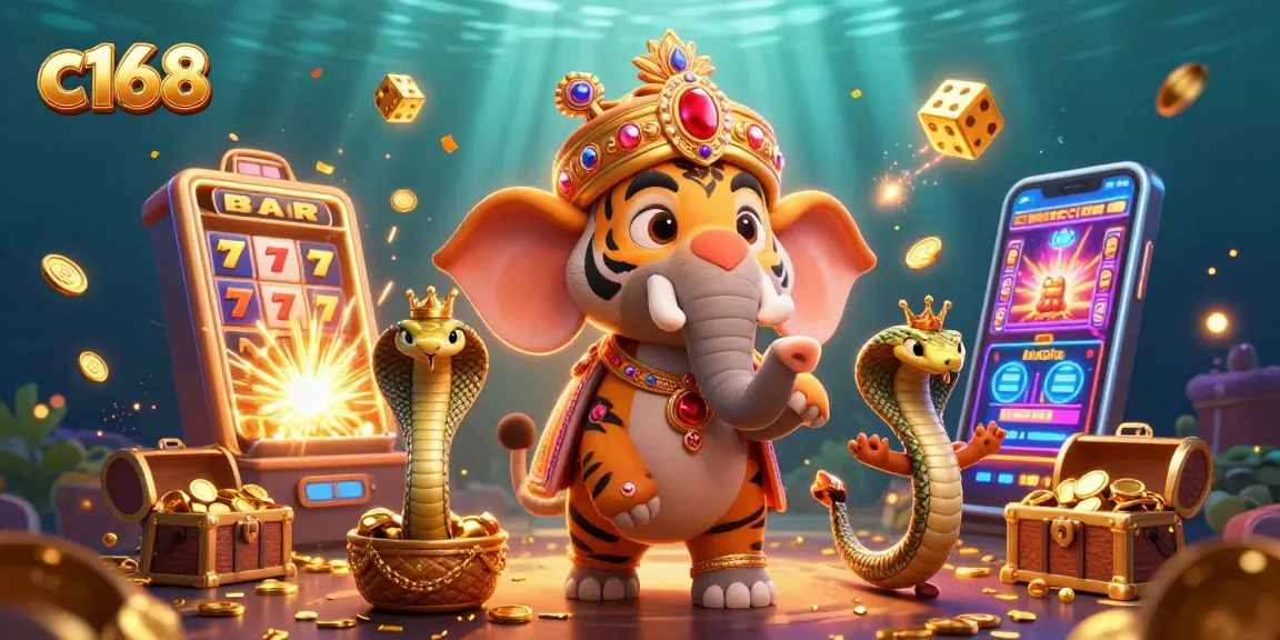 Engage with c168's vibrant online casino world featuring a majestic elephant, jewels, and slot machine excitement.