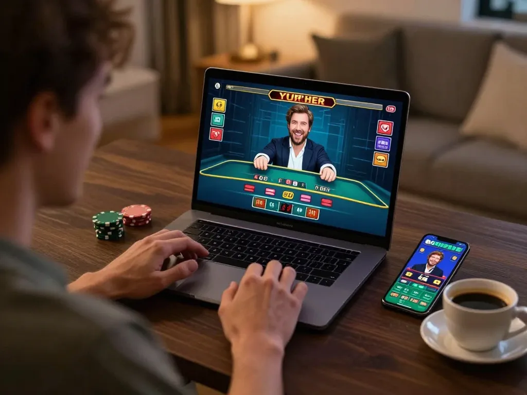 Player enjoying an online casino game on jae888 with engaging live dealer action, cozy home atmosphere.