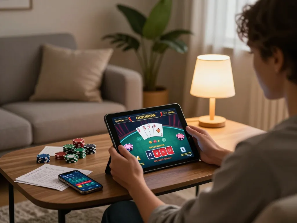 A person engages in kèo nhà cái online poker gaming at home, with betting notes and a tablet on display.