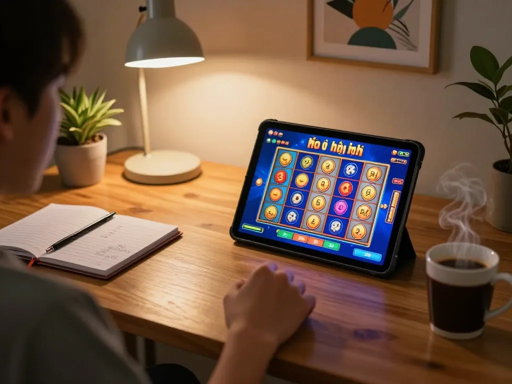 Player enjoying game nổ hũ uy tín on tablet with colorful slot interface in cozy home setup.