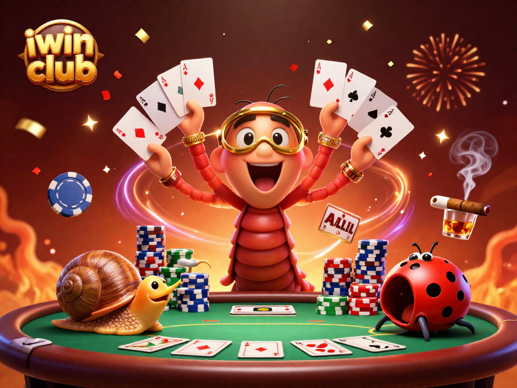 The iwin club scene features a vibrant 3D cartoon millipede dealer managing poker, a snail high-roller, and excitement in play.