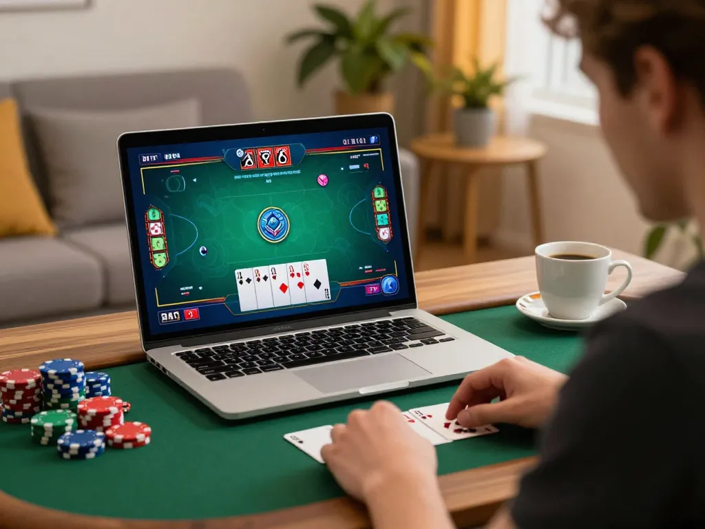 Player engaging in an online poker game on laptop, showcasing strategic gameplay in cozy setting. c168 analysis included.