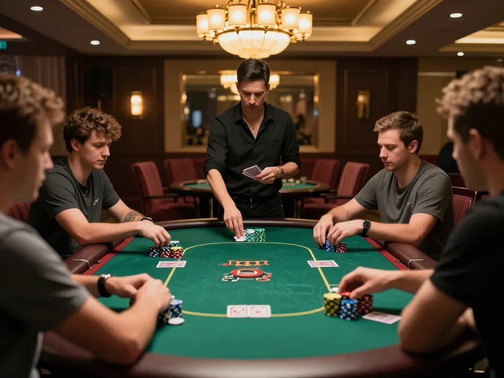 Engaging poker strategy session at 33win casino, players intensely focused on their cards and chips.