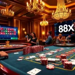 Engaged players at a luxurious casino table showcasing 88xx poker chips and cards in vibrant lighting.