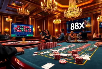 Engaged players at a luxurious casino table showcasing 88xx poker chips and cards in vibrant lighting.