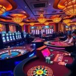 Players engaged in high-stakes gambling at a luxurious casino featuring B8-themed tables and vibrant slot machines.