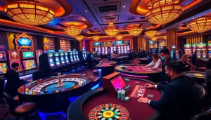 Players engaged in high-stakes gambling at a luxurious casino featuring B8-themed tables and vibrant slot machines.