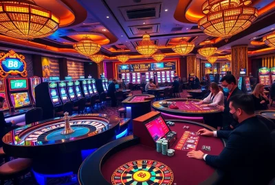 Players engaged in high-stakes gambling at a luxurious casino featuring B8-themed tables and vibrant slot machines.