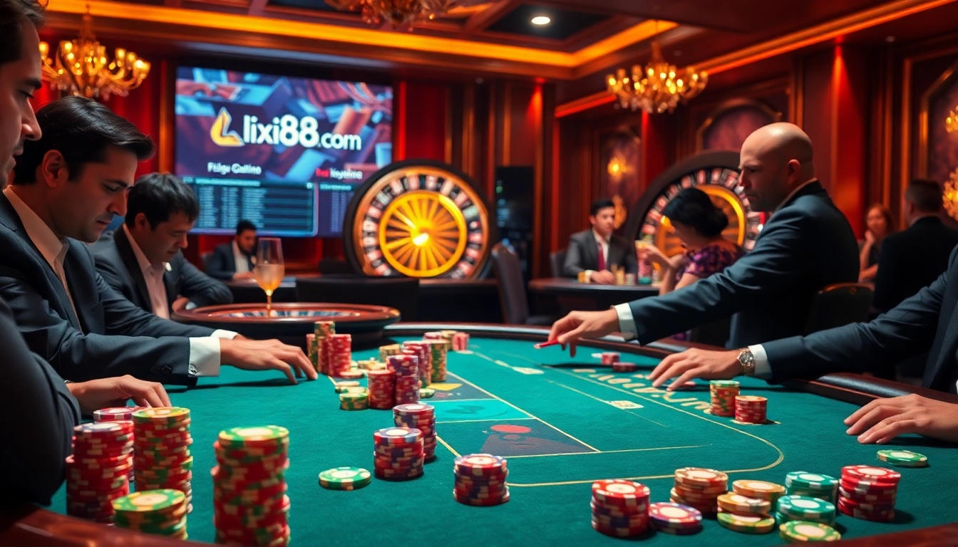 Loyal players strategize at an elegant poker table featuring lixi88 com gameplay, rich in colorful chips and ambiance.