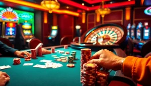 Players gambling at SV88's poker table, showcasing high-stakes action and vibrant casino atmosphere.