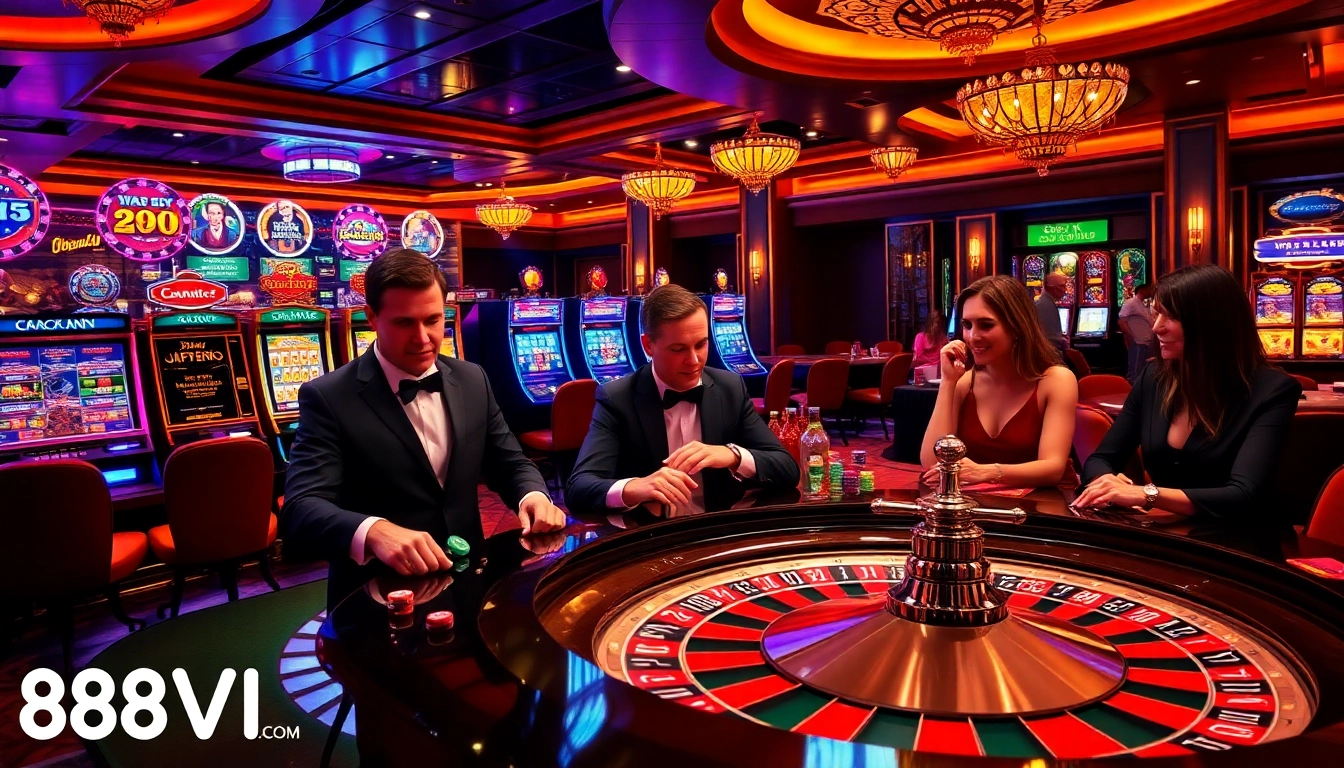Experience the excitement at 888VI COM with players at a luxurious casino table, showcasing vibrant games.