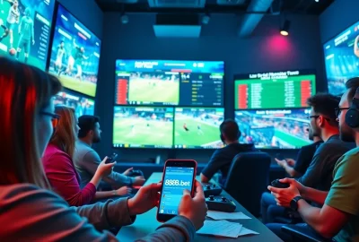 Dynamic sports betting atmosphere at 888b.bet with diverse players engaged in betting activities.