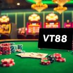 Action-packed gambling scene with VT88 logo on an online interface and vibrant casino elements.