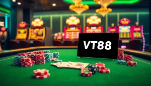 Action-packed gambling scene with VT88 logo on an online interface and vibrant casino elements.