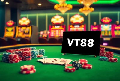 Action-packed gambling scene with VT88 logo on an online interface and vibrant casino elements.