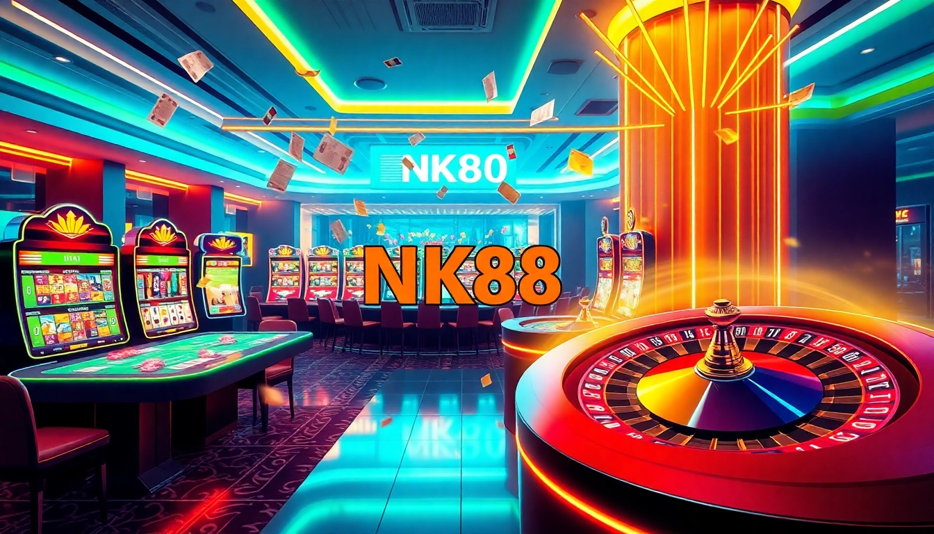 Experience the NK88 APP excitement with vibrant casino elements like cards and slots.