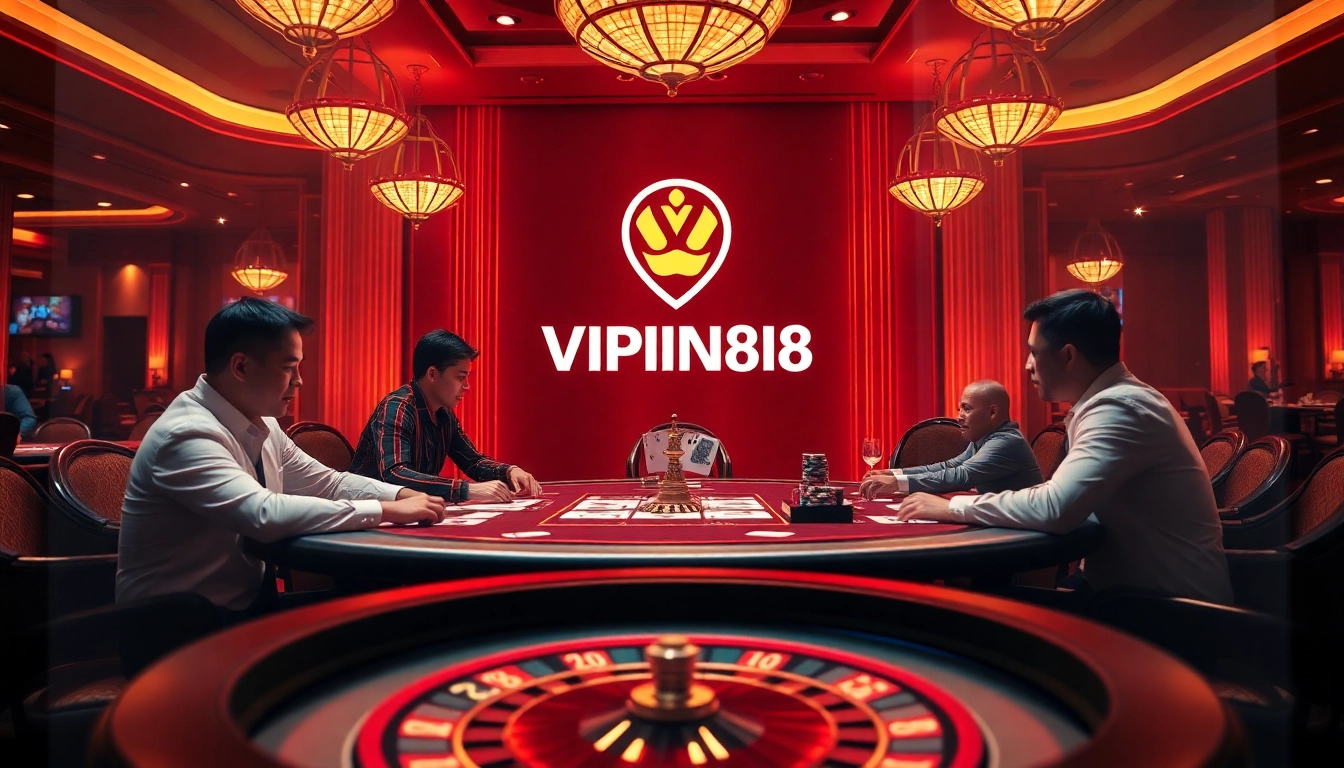 Exciting poker game in a luxurious casino atmosphere at VIPWIN88 with professional players and vibrant decor.