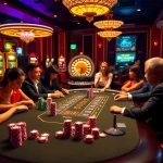Players engaging at a high-stakes poker table in a luxurious gambling setting at loto188.gb.net.