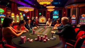 Players engaging at a high-stakes poker table in a luxurious gambling setting at loto188.gb.net.