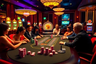 Players engaging at a high-stakes poker table in a luxurious gambling setting at loto188.gb.net.