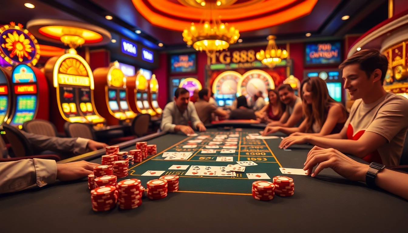 Players enjoying an exciting game at the TG88 casino table surrounded by vibrant slot machines.