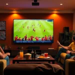 Experience live football with joemadfan.com featuring a vibrant sports streaming setup in a modern living room.
